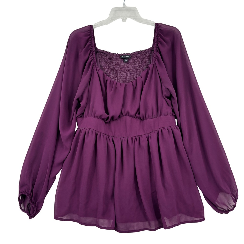 Torrid Smocked Babydoll Blouse Size 1X Purple Sheer Peasant Sleeve Square Neck